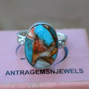 Oyster Copper Turquoise Ring: Oval Sterling Silver Gemstone Ring
