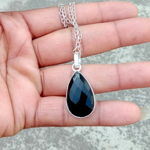 Black Onyx Gemstone Pendant, 925 Sterling Silver Pendant, Birthstone Gift Pendant Chain Necklace, Pear Checker Cut Black Onyx Jewelry