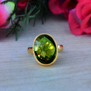 Peridot Quartz Ring: 18K Gold Plated Sterling Silver, Checker Cut, Birthstone Gift