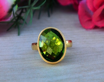Peridot Quartz Ring: 18K Gold Plated Sterling Silver, Checker Cut, Birthstone Gift