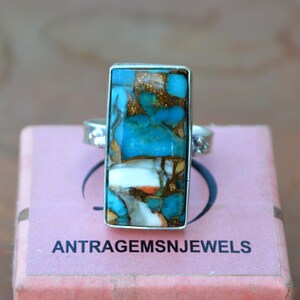 Oyster Copper Turquoise Ring: 925 Sterling Silver, Cushion Gemstone