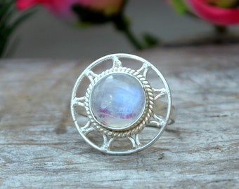 Rainbow Moonstone Gemstone Ring, 925 Sterling Silver Ring, Floral Blue Moonstone Ring, Personalized Custom Designer Ring, Nickel Free Ring