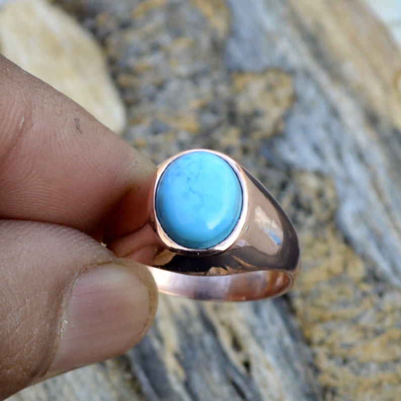 Sterling Silver Rose Gold Ring Men/'s Gift Ring Handmade Oval Turquoise Ring Blue Arizona Turquoise Gemstone Ring Bezel Set Gift Ring