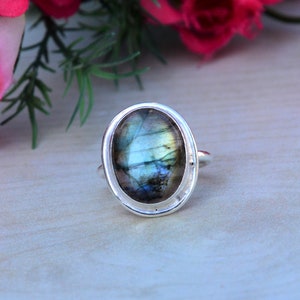 Blue Fire Labradorite Gemstone Ring, 925 Sterling Silver Ring, Oval Bezel Set Ring, Bold Blue Stone Ring, Valentine Day Gift Ring, Fine Ring