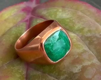 Genuine Raw Green Emerald Gemstone Ring, 925 Sterling Silver Ring, Birthstone Ring, May Birthstone Rose Gold Ring, Cushion Emerald Gift Ring