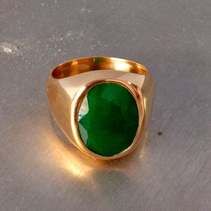 Genuine Emerald Mens Ring, Sterling Silver Yellow Gold Mens Natural Green Emerald Heavy Gemstone, Micron Yellow Gold Finish, May Birthstone