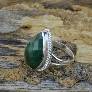 Faceted Emerald Ring: Pear Gemstone, Bezel Set Sterling Silver