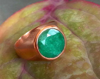 Raw Green Emerald Ring: Round May Birthstone, Rose Gold Sterling Silver