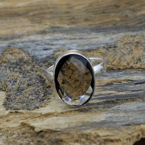 Checker Cut Smoky Quartz Gemstone Ring, 925 Sterling Silver Ring, Heart Ring, Smoky Gemstone Silver Ring, Handmade Birthstone Gift Ring