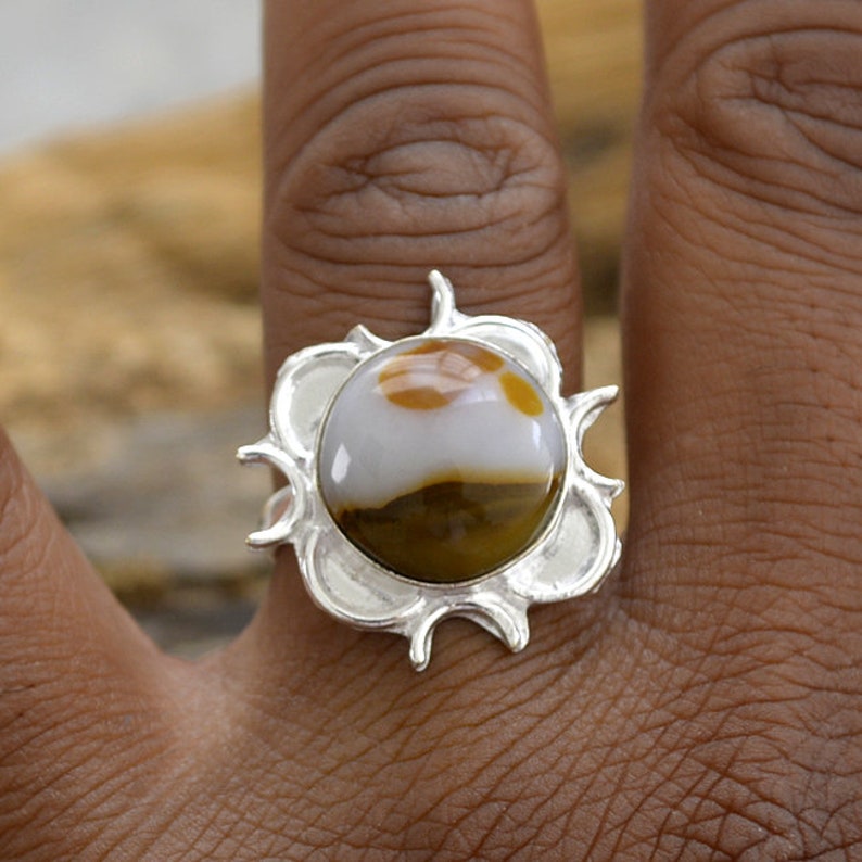 Agate Ring 925 Sterling Silver Ring Designer Silver Beautiful Gift Ring Lovely Ocean Agate Gemstone Ring Artisan Floral Gift Ring