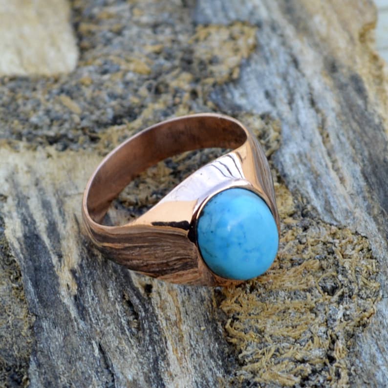 Sterling Silver Rose Gold Ring Men/'s Gift Ring Handmade Oval Turquoise Ring Blue Arizona Turquoise Gemstone Ring Bezel Set Gift Ring
