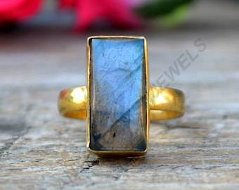 Cushion Labradorite Ring: 925 Sterling Silver, 18K Yellow Gold