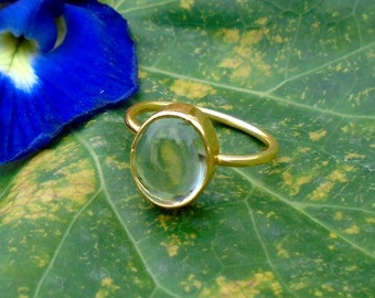 Puede incluir: Un anillo de oro con una piedra preciosa ovalada transparente. El anillo está colocado sobre una hoja verde.