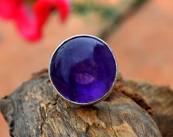 Amethyst Sterling Silver Ring: Round Cabochon, February Birthstone