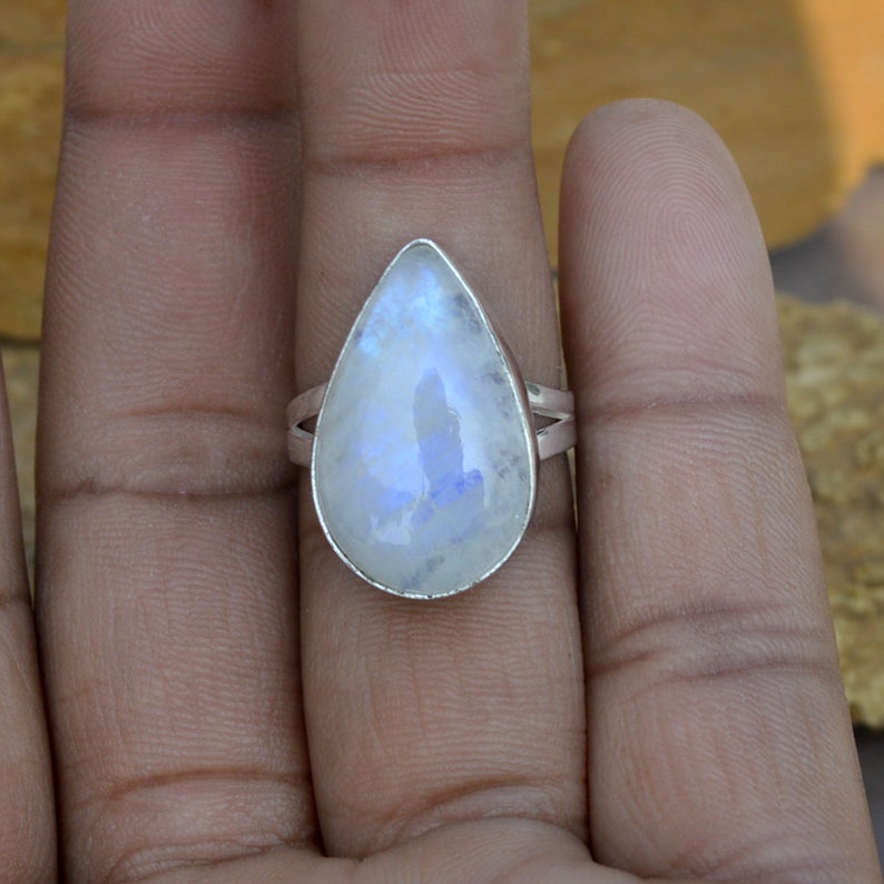 Pear Moonstone Ring 925 Sterling Silver Ring Gemstone Silver Gift Ring Natural Rainbow Moonstone Gemstone Ring Artisan Handmade Ring