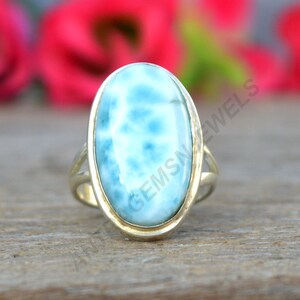 Larimar Ring, 925 Sterling Silver Ring, Oval Natural Dominican Larimar Gemstone Ring, Unique Gift Larimar Ring, Mom Ring, Larimar Jewelry