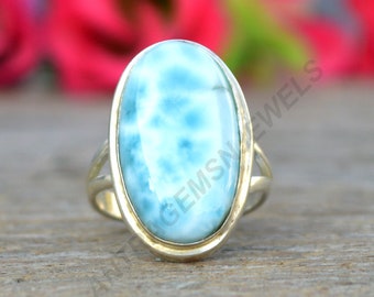 Larimar Ring, 925 Sterling Silver Ring, Oval Natural Dominican Larimar Gemstone Ring, Unique Gift Larimar Ring, Mom Ring, Larimar Jewelry