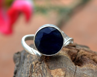 Round Raw Faceted Blue Sapphire Ring: Bezel Set Sterling Silver