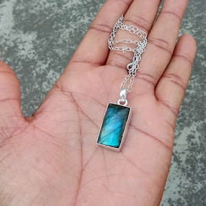Blue Fire Labradorite Gemstone Pendant, 925 Sterling Silver Pendant, Birthstone Gift Pendant Chain Necklace, Cushion Cab Labradorite Jewelry