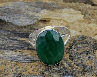 Natural Green Emerald Gemstone Ring, 925 Sterling Silver Ring, Bezel Set Oval Ring, May Birthstone Silver Ring, Handmade Artisan Gift Ring