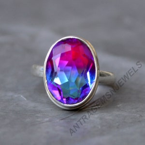 Toermalijnkwartsring: 925 sterlingzilveren ring, rozeblauw, tweekleurig