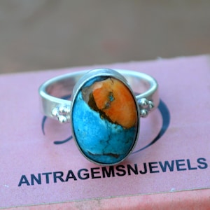 Oyster Copper Turquoise Ring: Oval Gemstone, 925 Sterling Silver