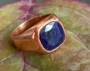 Natural Raw Blue Sapphire Gemstone Ring, 925 Sterling Silver Ring, Cushion Ring, Birthstone Rose Gold Ring, Natural Sapphire Men's Ring
