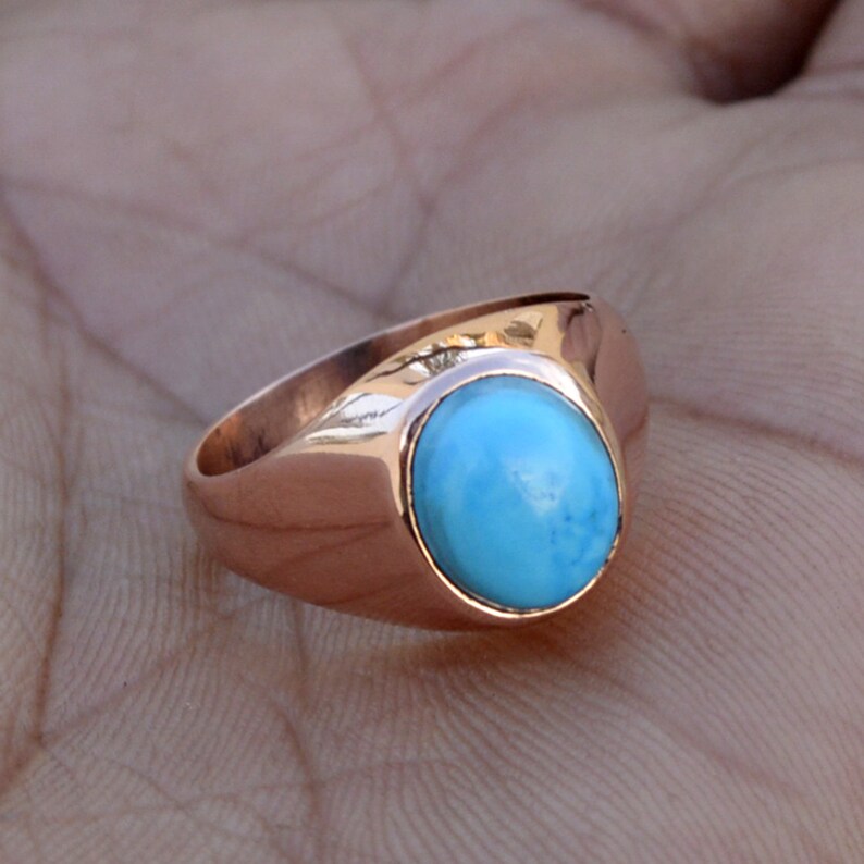 Sterling Silver Rose Gold Ring Men/'s Gift Ring Handmade Oval Turquoise Ring Blue Arizona Turquoise Gemstone Ring Bezel Set Gift Ring