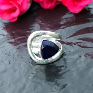 Blue Sapphire Gemstone Ring, 925 Sterling Silver Ring, Birthstone Triangle Sapphire Stone Ring, Personalized Gift Ring, Nickel Free Ring