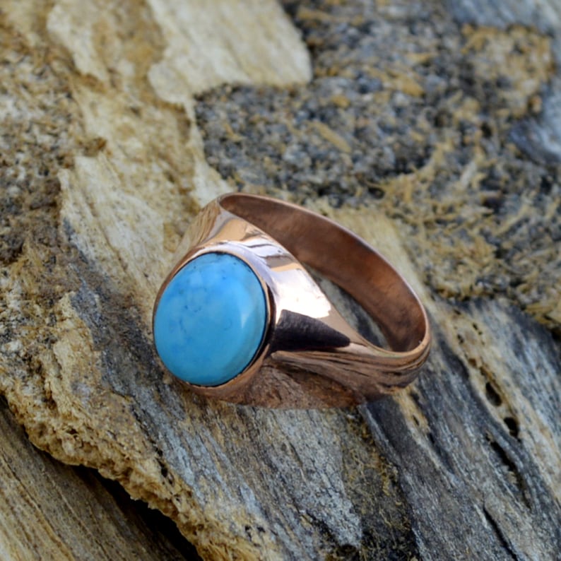 Sterling Silver Rose Gold Ring Men/'s Gift Ring Handmade Oval Turquoise Ring Blue Arizona Turquoise Gemstone Ring Bezel Set Gift Ring
