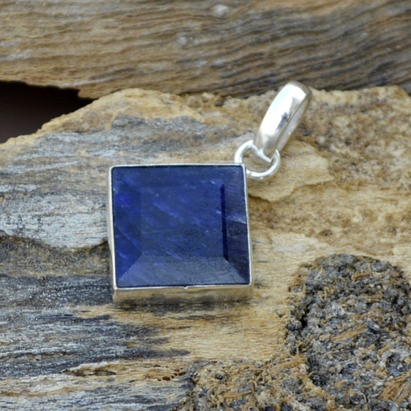 Genuine Blue Sapphire Gemstone Pendant, 925 Sterling Silver Pendant, Modern Silver Pendant, Square Sapphire Gift Pendant Necklace Jewelry