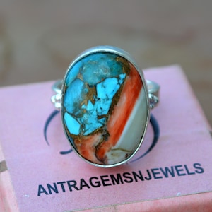 Oyster Copper Turquoise Ring: Oval Gemstone, 925 Sterling Silver