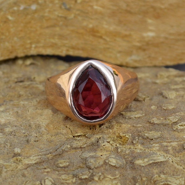 Rhodolite Garnet Gemstone Ring, Sterling Silver Rose Gold Ring, Bold Ring, Men's Gift Ring, Handmade Artisan Garnet Ring, Pear Garnet Ring