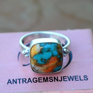 Oyster Copper Turquoise Ring: Cushion 925 Sterling Silver Gemstone