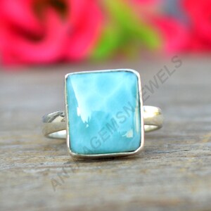 Larimar Ring, 925 Sterling Silver Ring, Cushion Natural Dominican Larimar Gemstone Ring, Unique Gift Larimar Ring, Larimar Gift Jewelry