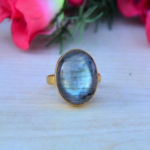 Handmade Oval Labradorite Ring: 18K Gold Plated Sterling Silver