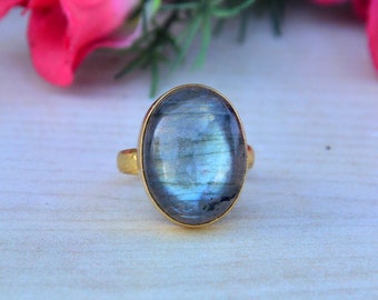 Handgjord oval labradoritring: 18K guldpläterad sterlingsilver