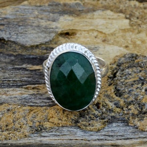 Dark Green Emerald Gemstone Ring, Solid 925 Sterling Silver Ring, Faceted Emerald Ring, May Birthstone Ring, Designer Silver Ring Jewelry