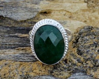 Faceted Emerald Ring: Solid Sterling Silver, May Birthstone