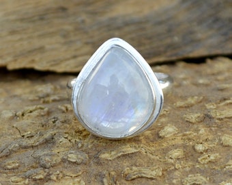 Misty Rainbow Moonstone Gemstone Ring, 925 Sterling Silver Ring, Bezel Set Silver Ring, June Birthstone Silver Ring, Tear Drop Gift Ring