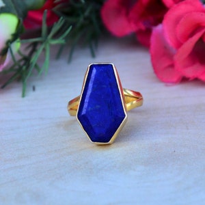 Natural Blue Lapis Lazuli Ring, 925 Sterling Silver Ring, Yellow Gold Ring, Lapis Ring, Coffin Shape Lapise Gift Ring, Handmade Gold Ring