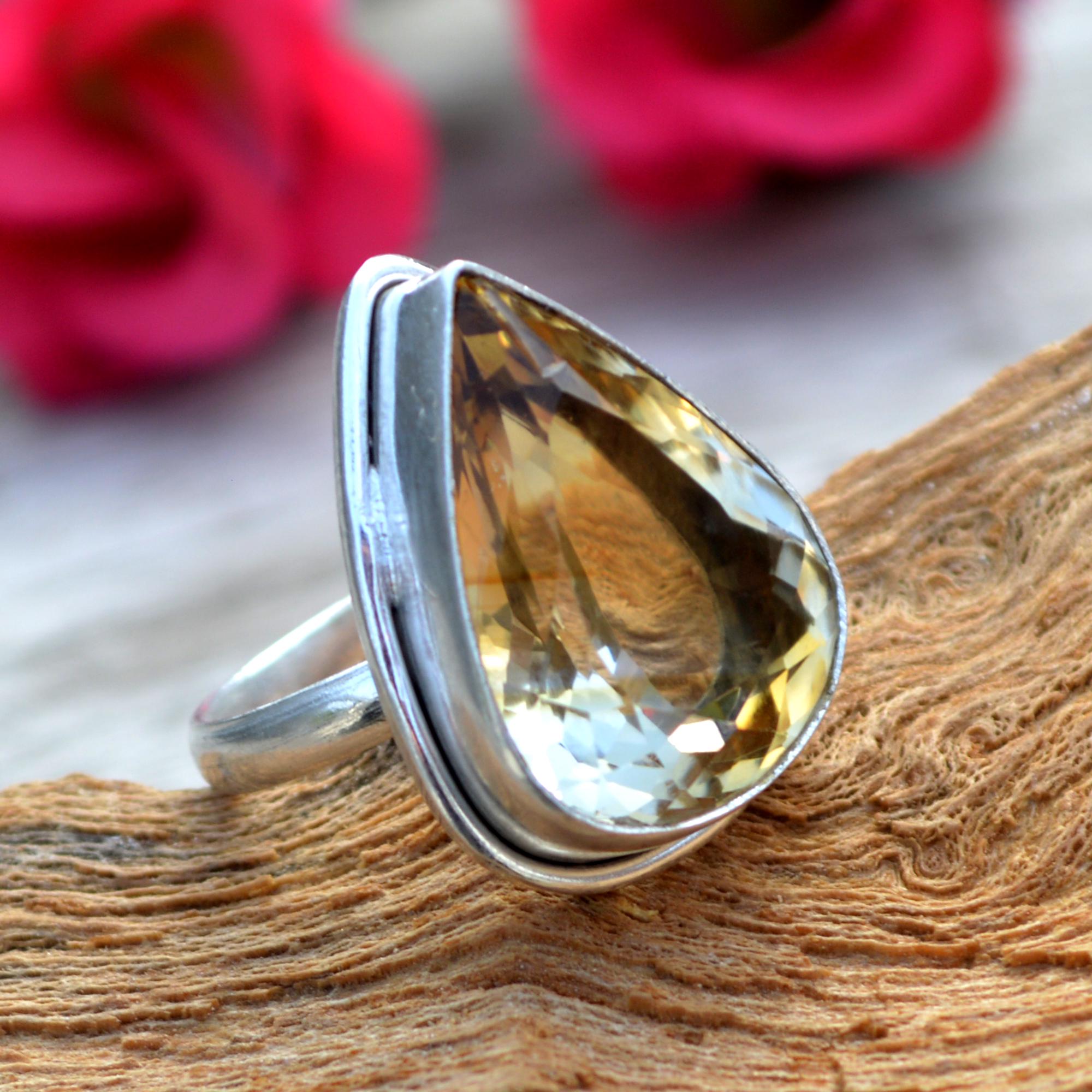 Bague En Argent Massif Avec Citrine Poire 21x16mm - Taille 57 - Création Française - Neuf Avec étiquette