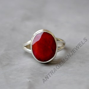 Genuine Raw Red Ruby Gemstone Ring, 925 Sterling Silver Ring, July Birthstone Ring, Unisex Silver Ring, Oval Faceted Ruby Gift Ring Jewelry