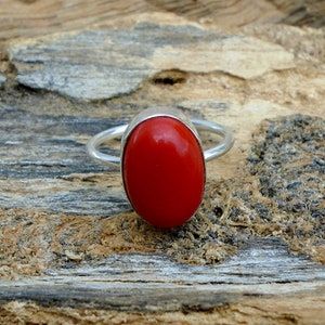 Red Coral Gemstone Ring, 925 Sterling Silver Ring, Coral Birthstone Ring, Gemstone Plain Silver Ring, Oval Cab Coral Ring, Gift For Her