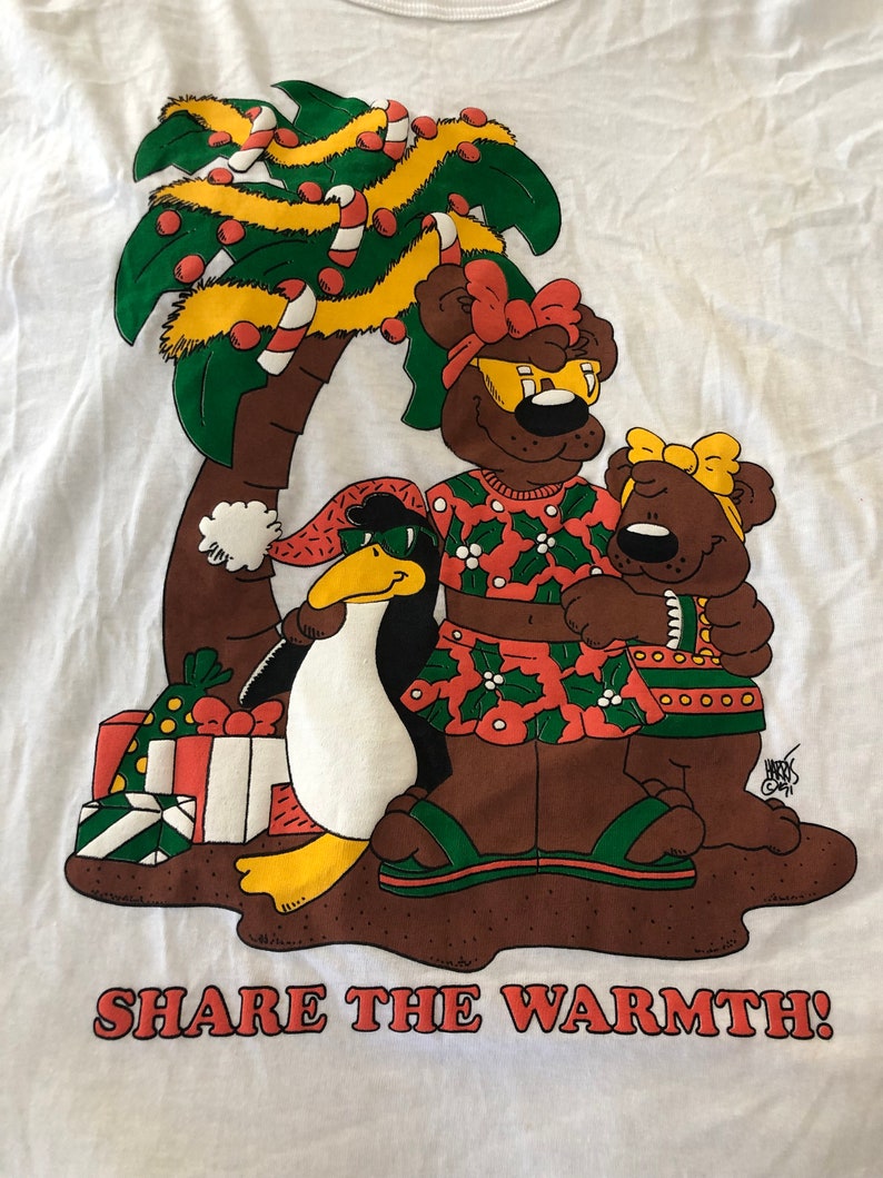 Hugger sleep shirt Vtg 90\u2019s Christmas bears penquin Share the Warmth One Size