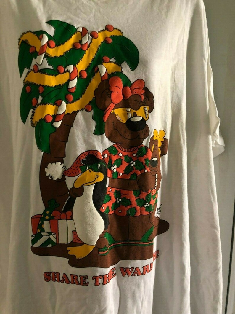 Hugger sleep shirt Vtg 90\u2019s Christmas bears penquin Share the Warmth One Size