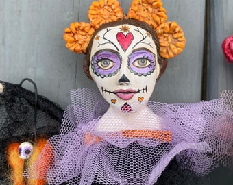 Art Doll Day of the Dead Dia de Los Muertos Art doll or ornament glow in the dark eyes