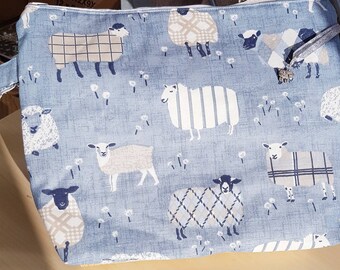 Beautiful blue linen project bag in sheep print.