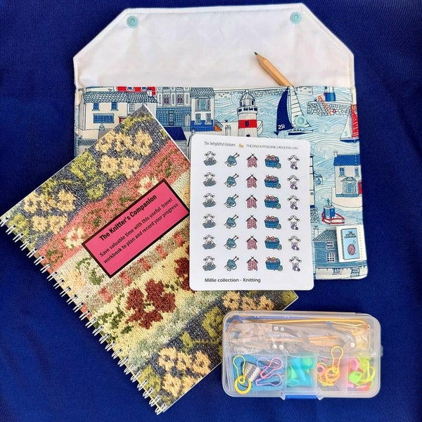 Fabric pouch with travel Knitters Companion, notions kit, pencil & stickers.