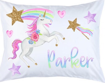 Girl custom unicorn pillowcase personalize pillow case rainbow pillowcase stars pillowcase pillow glitter pillowcase